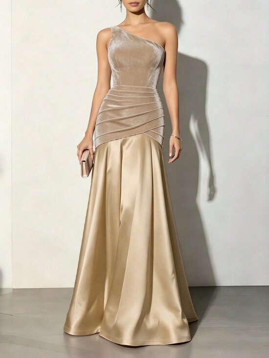 Dresses & Skirts - Champagne Elegant One shoulder velvet Formal Maxi Dress
